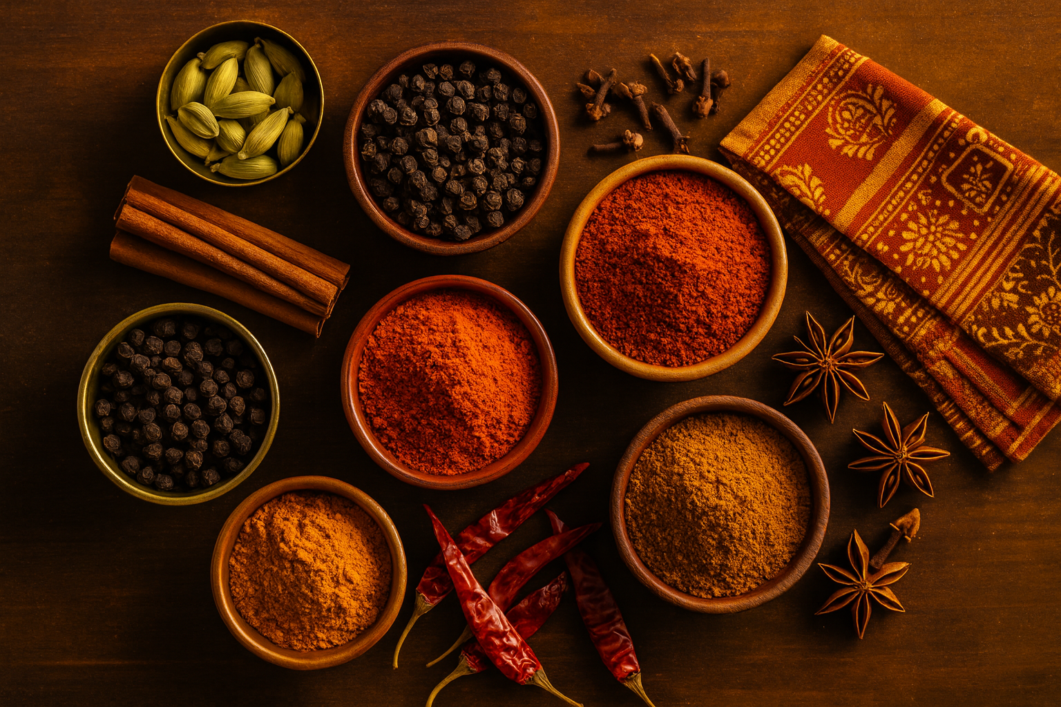 “Assorted Indian spices in wooden bowls including red chilli powder, turmeric, black pepper, cardamom and cinnamon on rustic background.”