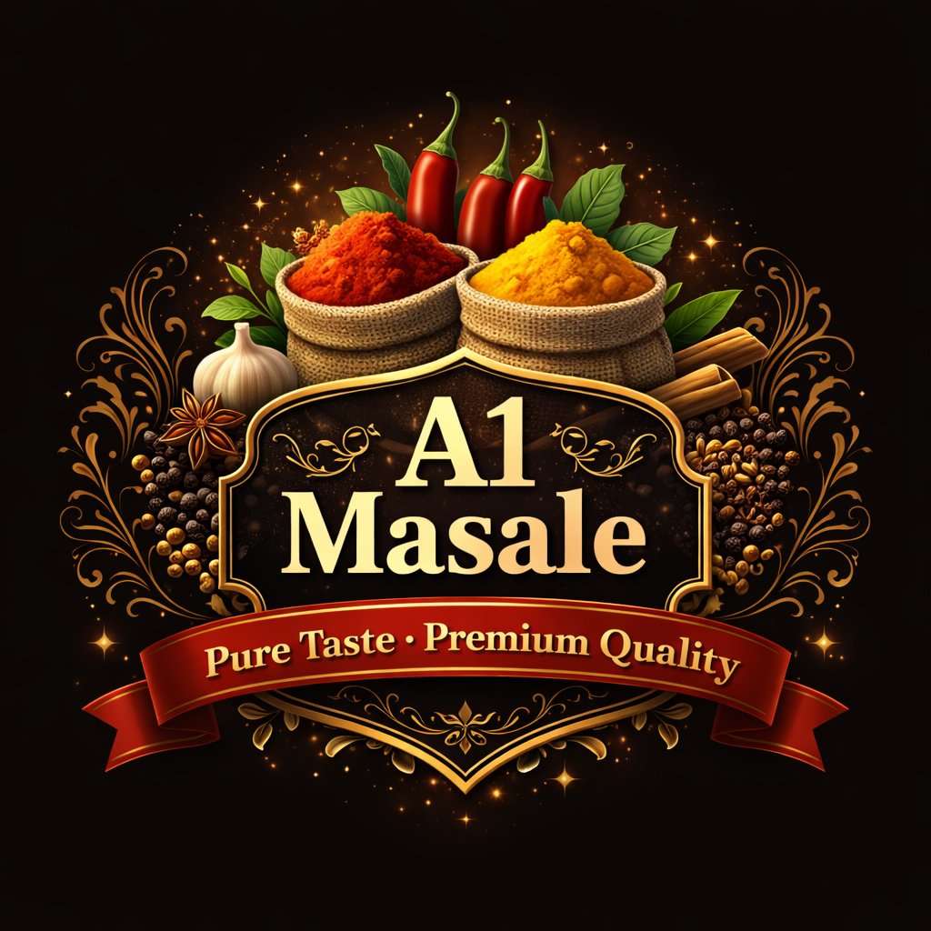 “A1 Masale spice logo featuring red chili, turmeric, whole spices and slogan Pure Taste Premium Quality.”