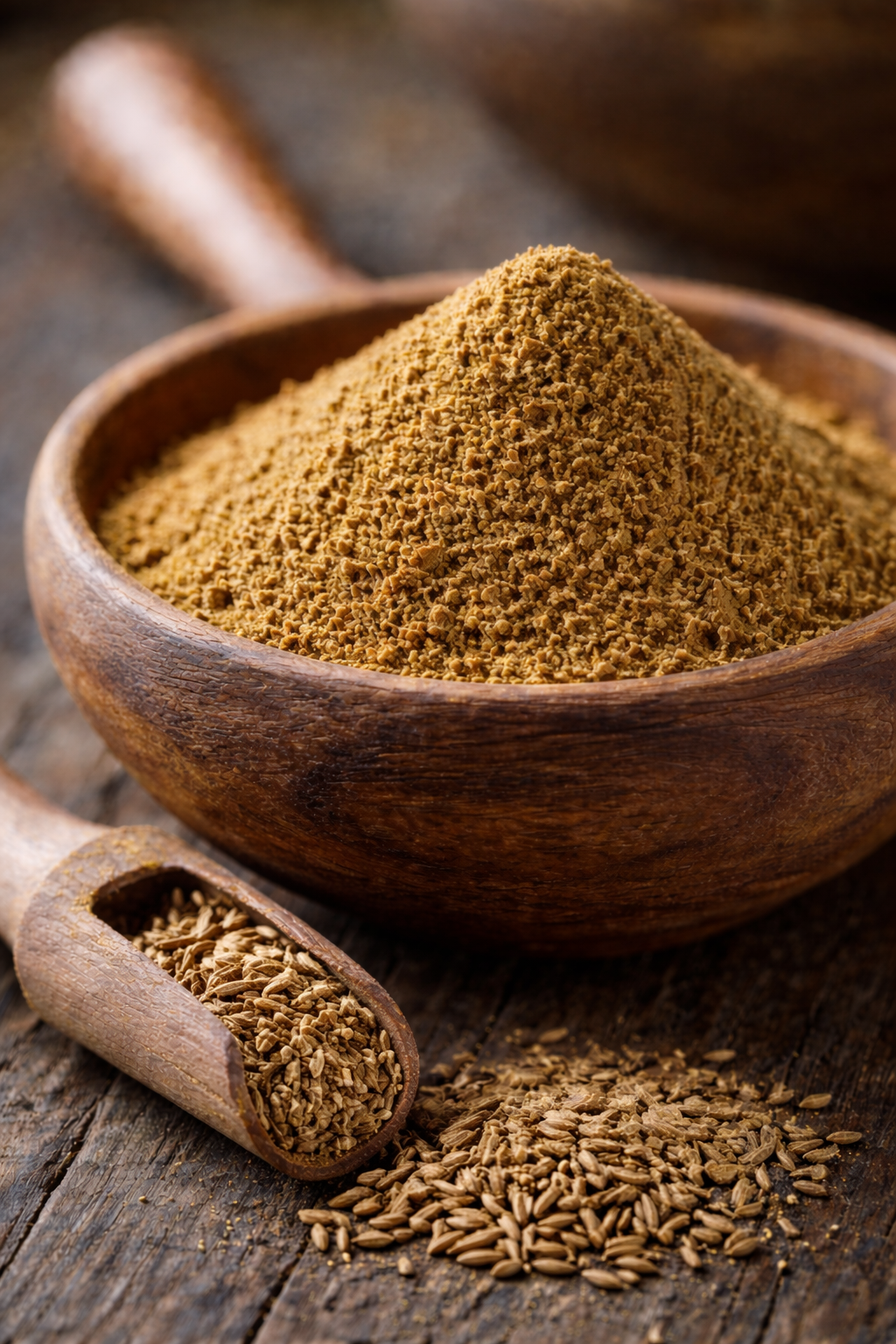 “Fresh ground cumin powder in rustic wooden bowl with wooden scoop on wooden background.”