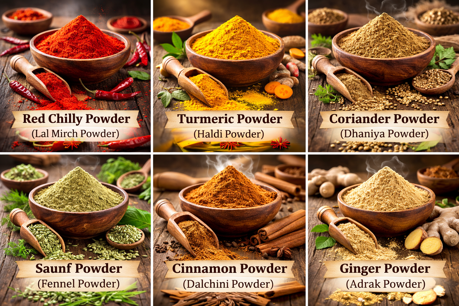 Traditional Indian spice powders including red chilli, turmeric, coriander, fennel, cinnamon, and ginger displayed in rustic wooden bowls.