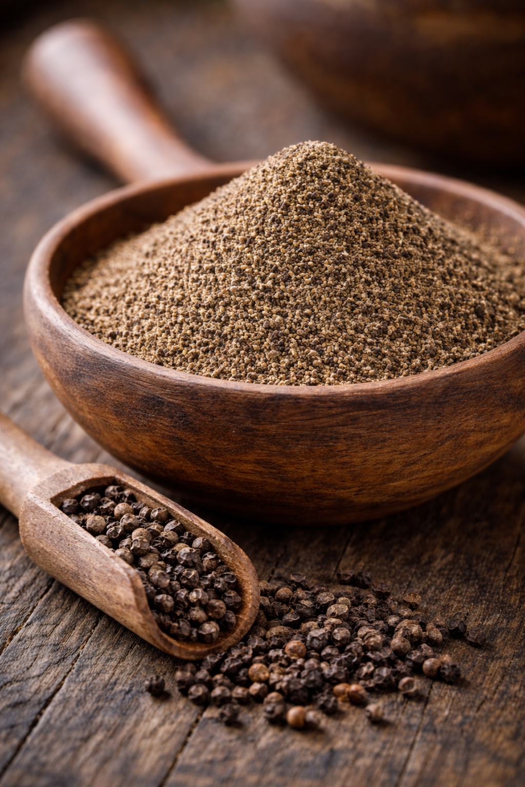 “Freshly ground black pepper powder in rustic wooden bowl with wooden scoop on textured wooden surface.”