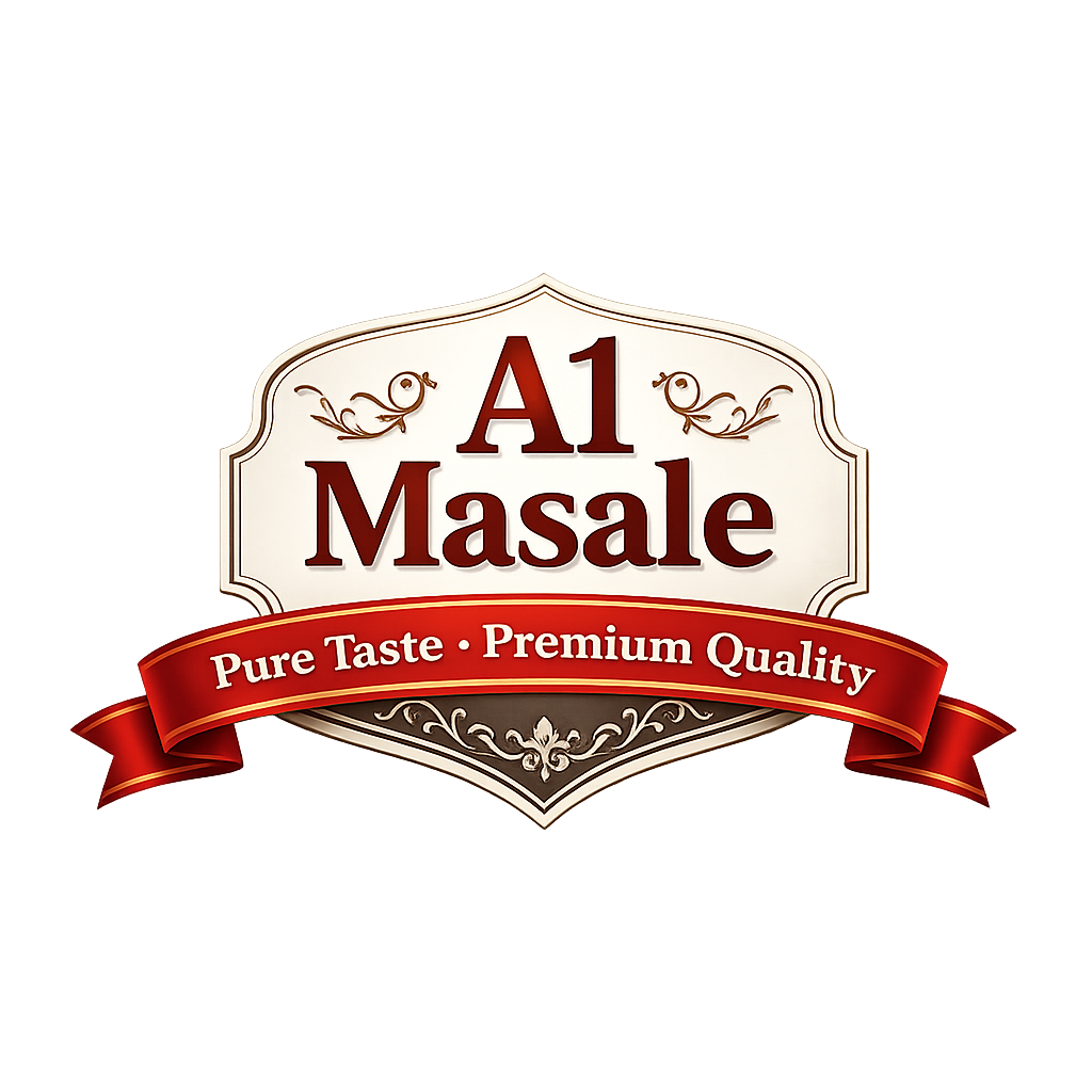 A1 Masale premium logo featuring an elegant white shield label with gold accents and bold red serif text, paired with a red ribbon banner reading “Pure Taste • Premium Quality” on a transparent background.