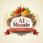 **SEO-friendly alt text:** Premium A1 Masale logo featuring colorful Indian spices like turmeric, red chili powder, whole spices, and herbs with the tagline “Pure Taste, Premium Quality” on an elegant golden background.