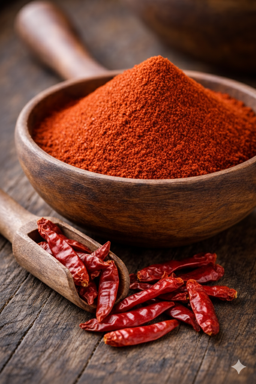 Close-up of red chilli powder in a rustic wooden bowl with a wooden scoop spilling whole dried red chillies on a wooden surface.