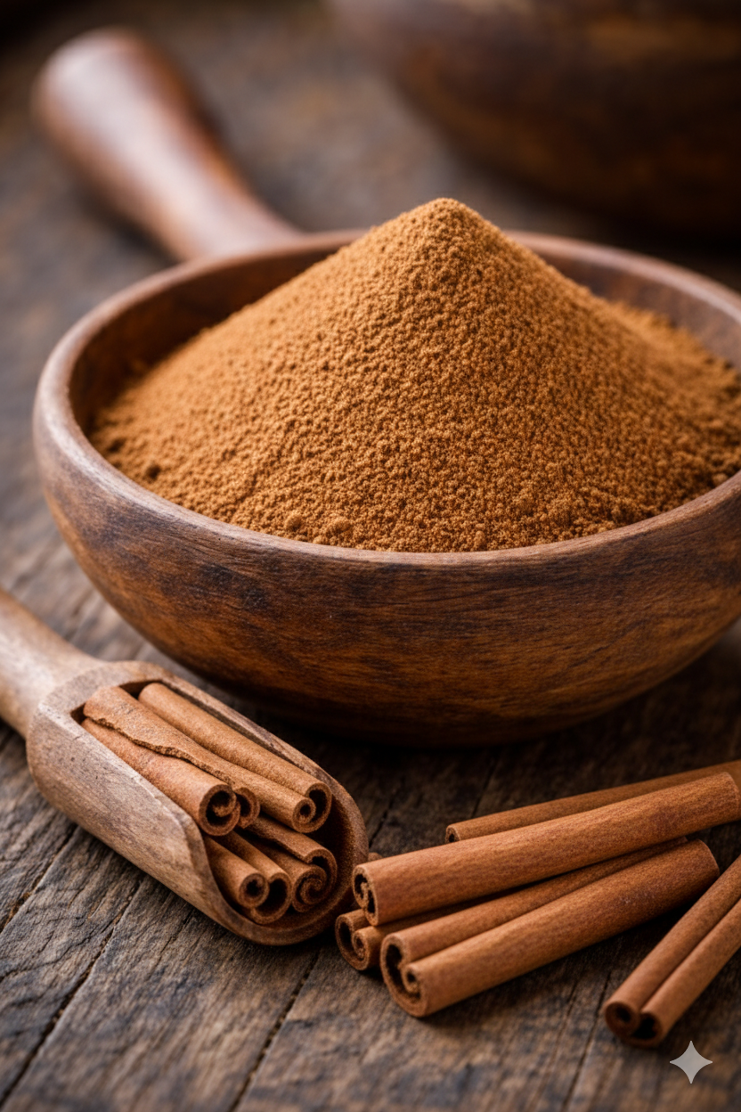 **Alt text:**
Close-up of cinnamon powder in a rustic wooden bowl with cinnamon sticks and a wooden scoop on a wooden table.
