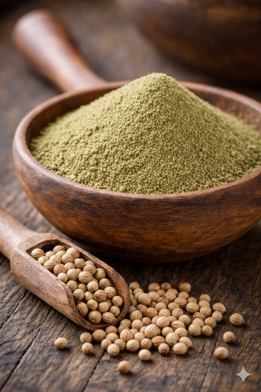 Close-up of coriander powder in a rustic wooden bowl with a wooden scoop holding whole coriander seeds on a wooden surface.
