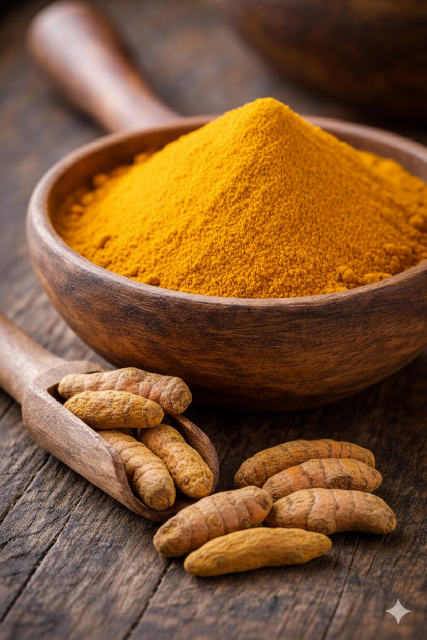 Close-up of turmeric powder in a rustic wooden bowl with a wooden scoop holding whole turmeric roots on a wooden surface.