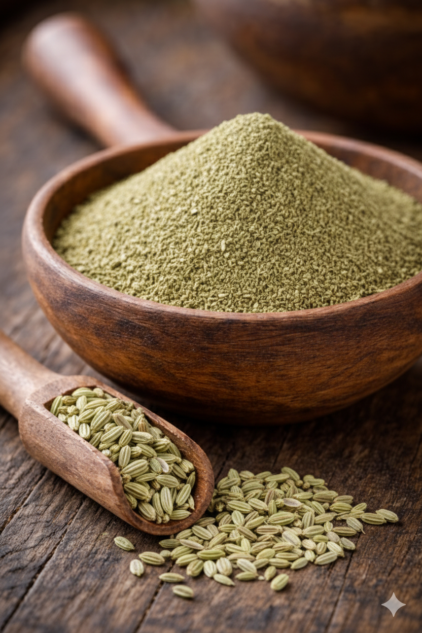 **Alt text:**
Close-up of fennel powder in a rustic wooden bowl with a wooden scoop holding whole fennel seeds on a wooden surface.
