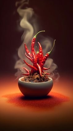 “Steaming red dry chillies in a bowl with rising aroma on warm dark background.”