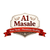 A1 Masale premium logo featuring an elegant white shield label with gold accents and bold red serif text, paired with a red ribbon banner reading “Pure Taste • Premium Quality” on a transparent background.